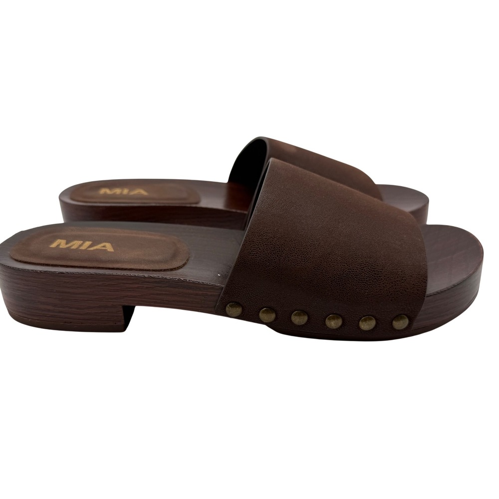 MIA Lanell Slide Sandals Womens 8.5 Brown Excellent Studded Wood Platform Clogs